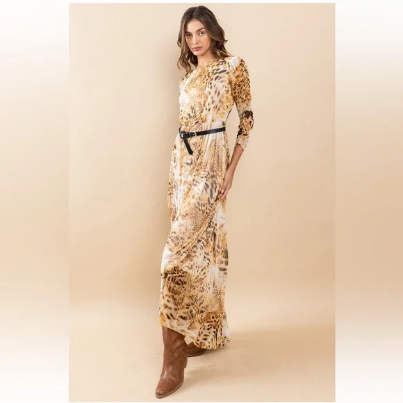 🐅 Print Mesh Ruched Sleeve Maxi Dress - Picture 1 of 5